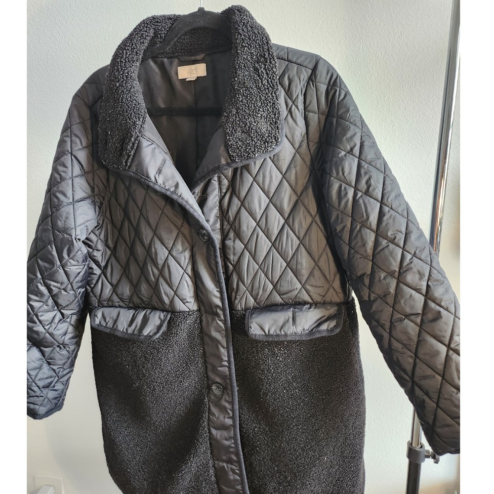 LOFT Petites Black Quilted Teddy Collar Long Coat Jacket Pockets